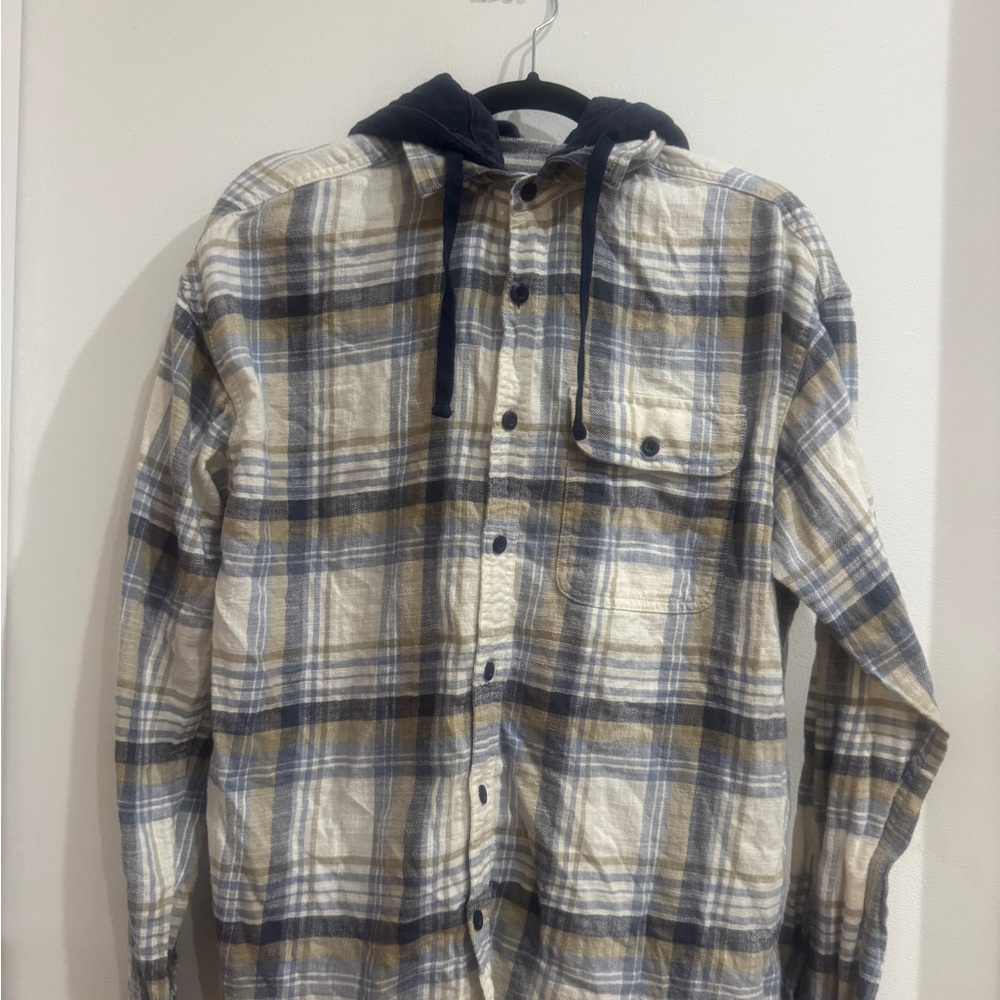American Eagle Outfitters Beige, Blue & Brown Plaid Hooded Shirt Jacket